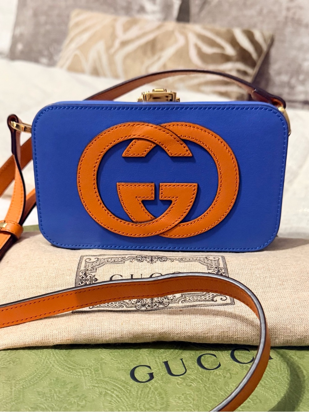 Rare Gucci Blue and Orange GG Leather Camera Crossbody Bag